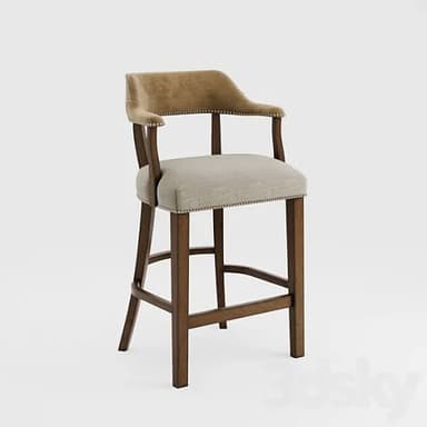 A bar stool featuring a sturdy dark brown wooden frame, an upholstered seat, and a gracefully curved upholstered backrest that extends into integrated armrests. Both the seat and the back/armrests are accented with decorative brass-toned nailhead trim along their edges. The design includes horizontal stretchers between the legs, serving as a functional footrest. — 3D model