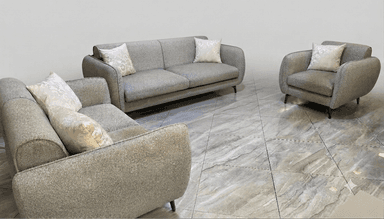 A modern two-seater sofa featuring light gray textured upholstery, curved track arms, and sleek tapered metal legs. It includes two fixed seat cushions and two fixed back cushions, along with two small accent pillows. — 3D model