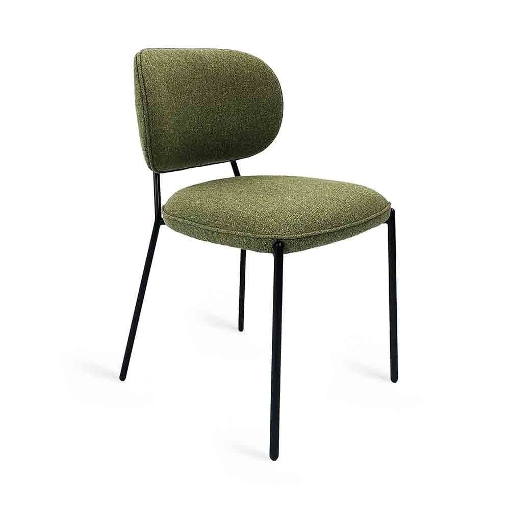 A contemporary dining chair featuring a rounded backrest and seat, both upholstered in a textured green fabric. The chair is supported by a slender, black metal frame with four splayed legs. — 3D model