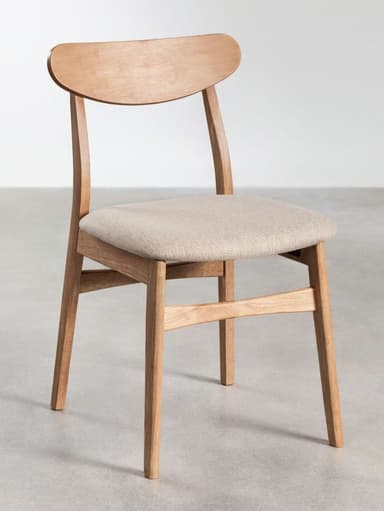 A minimalist dining chair featuring a light-toned wooden frame, a gently curved backrest, and a beige upholstered seat. The chair has a clean, modern aesthetic with tapered legs. — 3D model