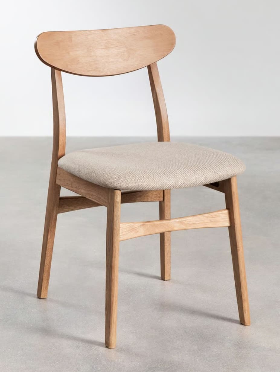 A minimalist dining chair featuring a light-toned wooden frame, a gently curved backrest, and a beige upholstered seat. The chair has a clean, modern aesthetic with tapered legs. — 3D model