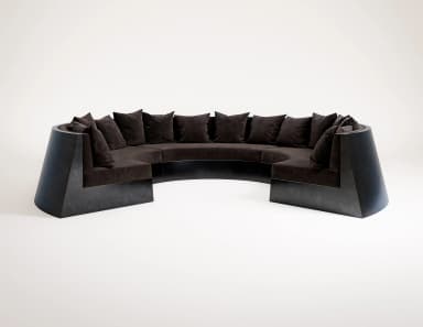 A U-shaped modular sectional sofa with dark brown velvet upholstery and a prominent, dark-toned sculptural base. — 3D model
