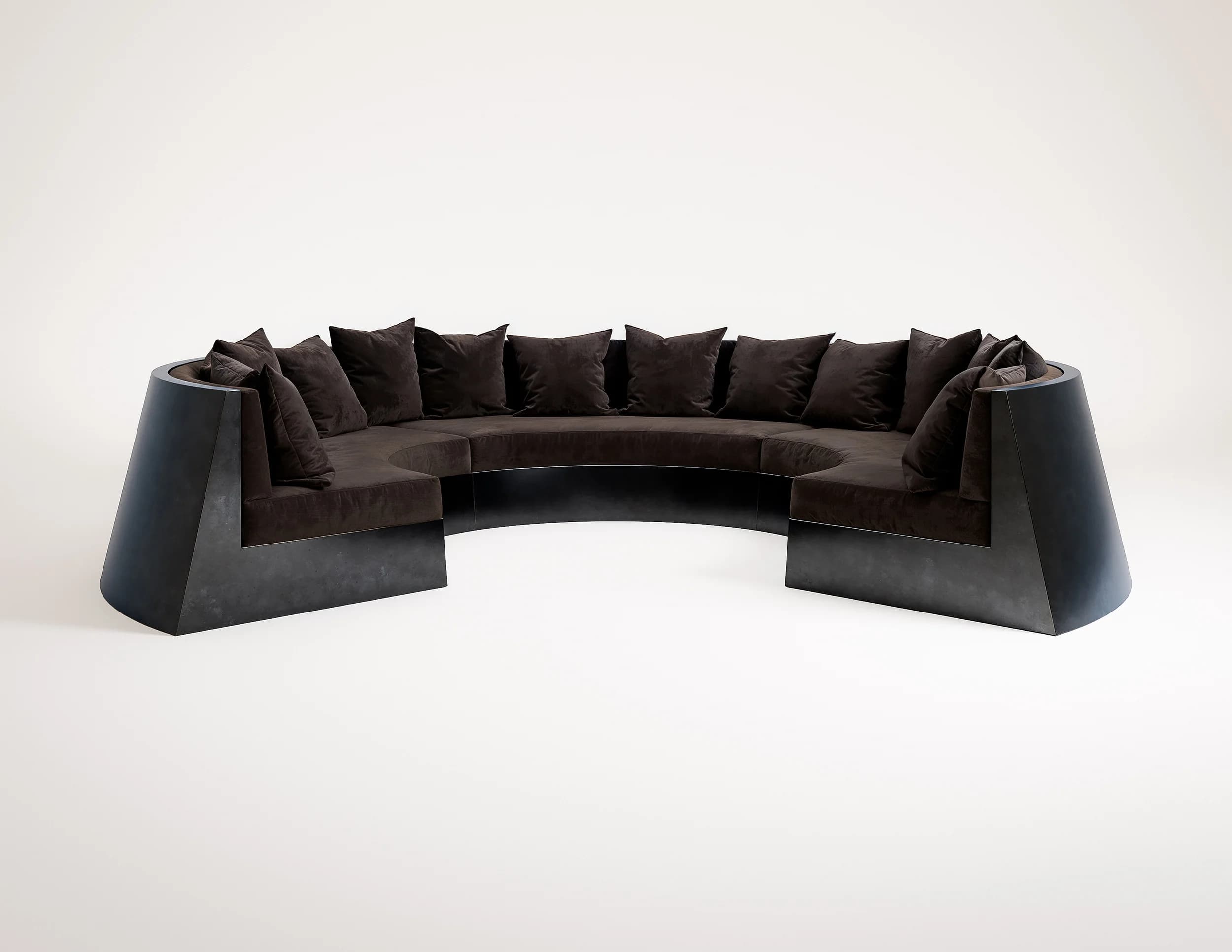 A U-shaped modular sectional sofa with dark brown velvet upholstery and a prominent, dark-toned sculptural base. — 3D model