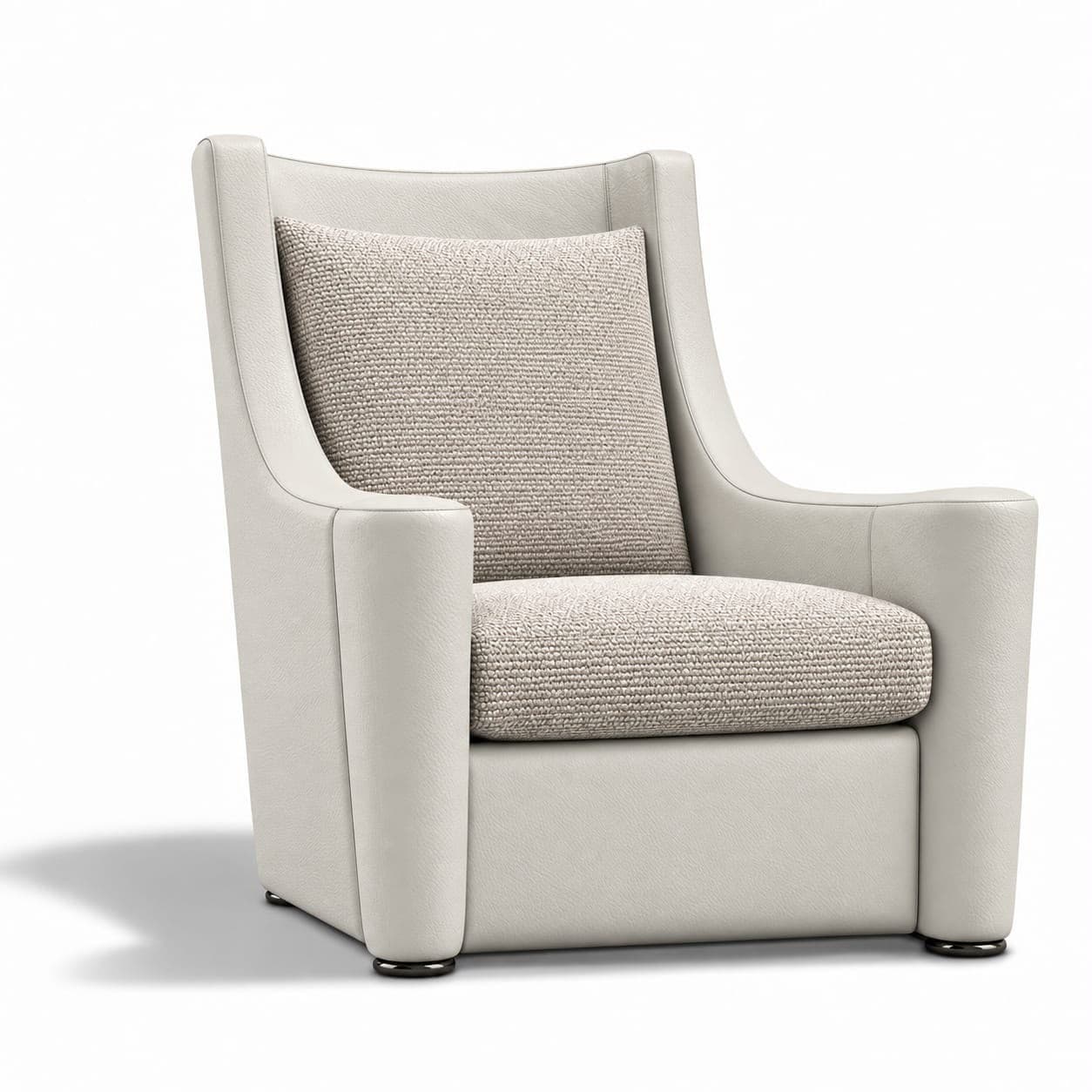 A high-back upholstered armchair featuring a clean, contemporary design. The main body of the chair is covered in a smooth, light-colored material, likely leather or faux leather, while the seat cushion and accompanying lumbar pillow are upholstered in a contrasting textured fabric. It features integrated, gently curved armrests and sits on discreet metallic feet. — 3D model