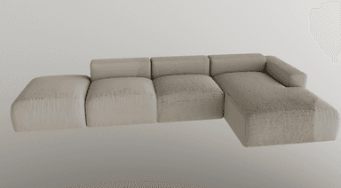 A render of a modern modular sectional sofa upholstered in a light beige, subtly textured fabric. The sofa is composed of five distinct units: an armless ottoman, two armless middle sections, a corner piece, and a chaise lounge with a single armrest, forming an L-shaped configuration. The design features a low profile with block-like, plush cushions for both seats and backrests. — 3D model
