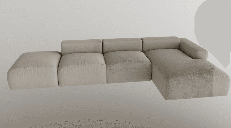 A render of a modern modular sectional sofa upholstered in a light beige, subtly textured fabric. The sofa is composed of five distinct units: an armless ottoman, two armless middle sections, a corner piece, and a chaise lounge with a single armrest, forming an L-shaped configuration. The design features a low profile with block-like, plush cushions for both seats and backrests. — 3D model