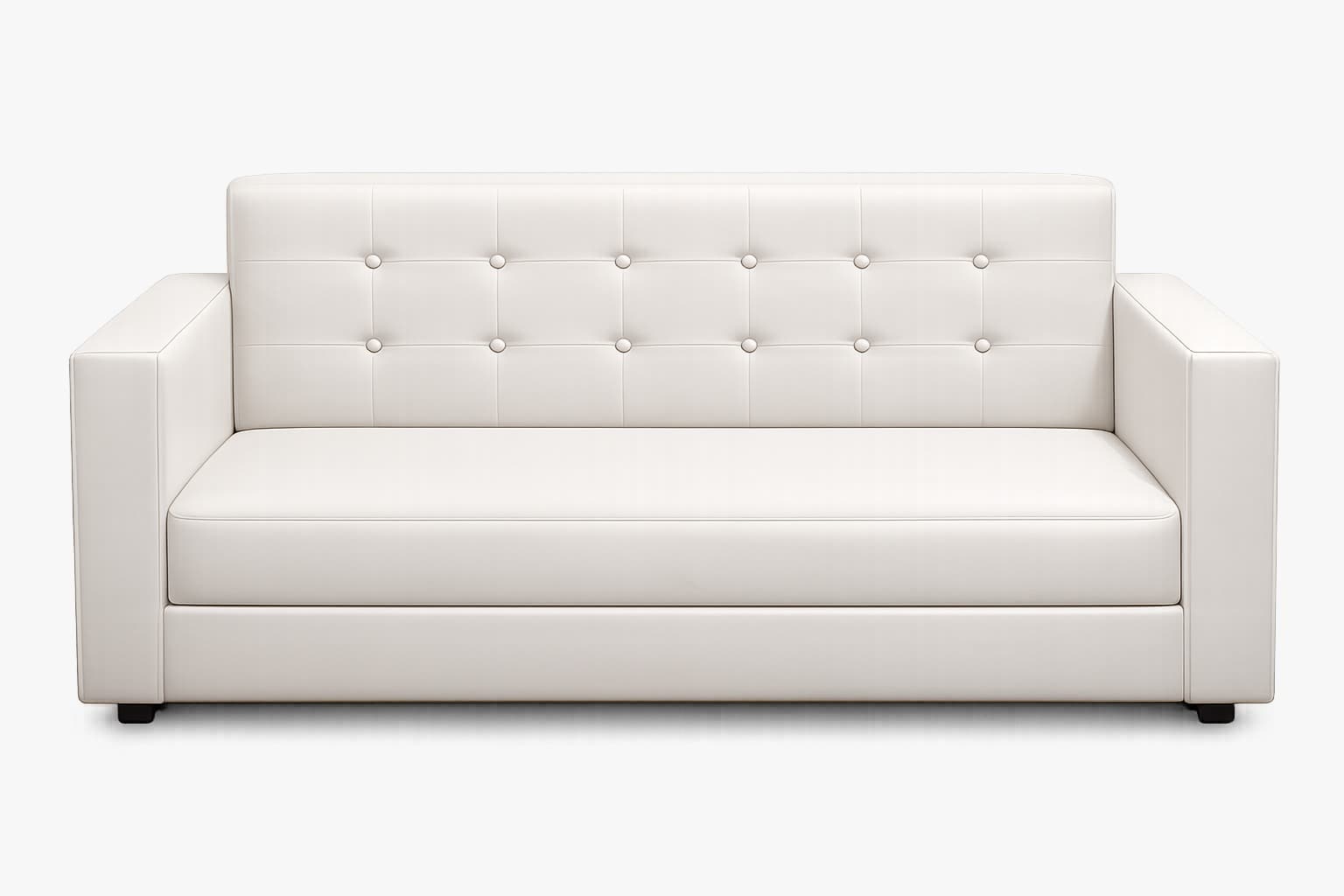 A modern two-seater sofa upholstered in white faux leather, featuring a button-tufted backrest and clean-lined square arms. The seat cushion is plain, contrasting with the tufted back, and the sofa rests on subtle dark block feet. — 3D model