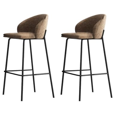 A modern bar stool featuring a minimalist black metal frame and a curved, upholstered seat and backrest in a neutral, textured fabric. The stool is designed for elevated seating at bars or counters, with a built-in footrest. — 3D model