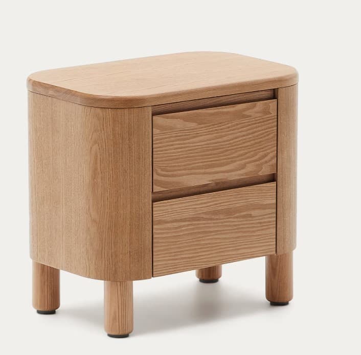 A compact, light-toned wooden cabinet featuring two drawers and smoothly rounded edges on the top and sides, supported by four short, cylindrical legs. — 3D model