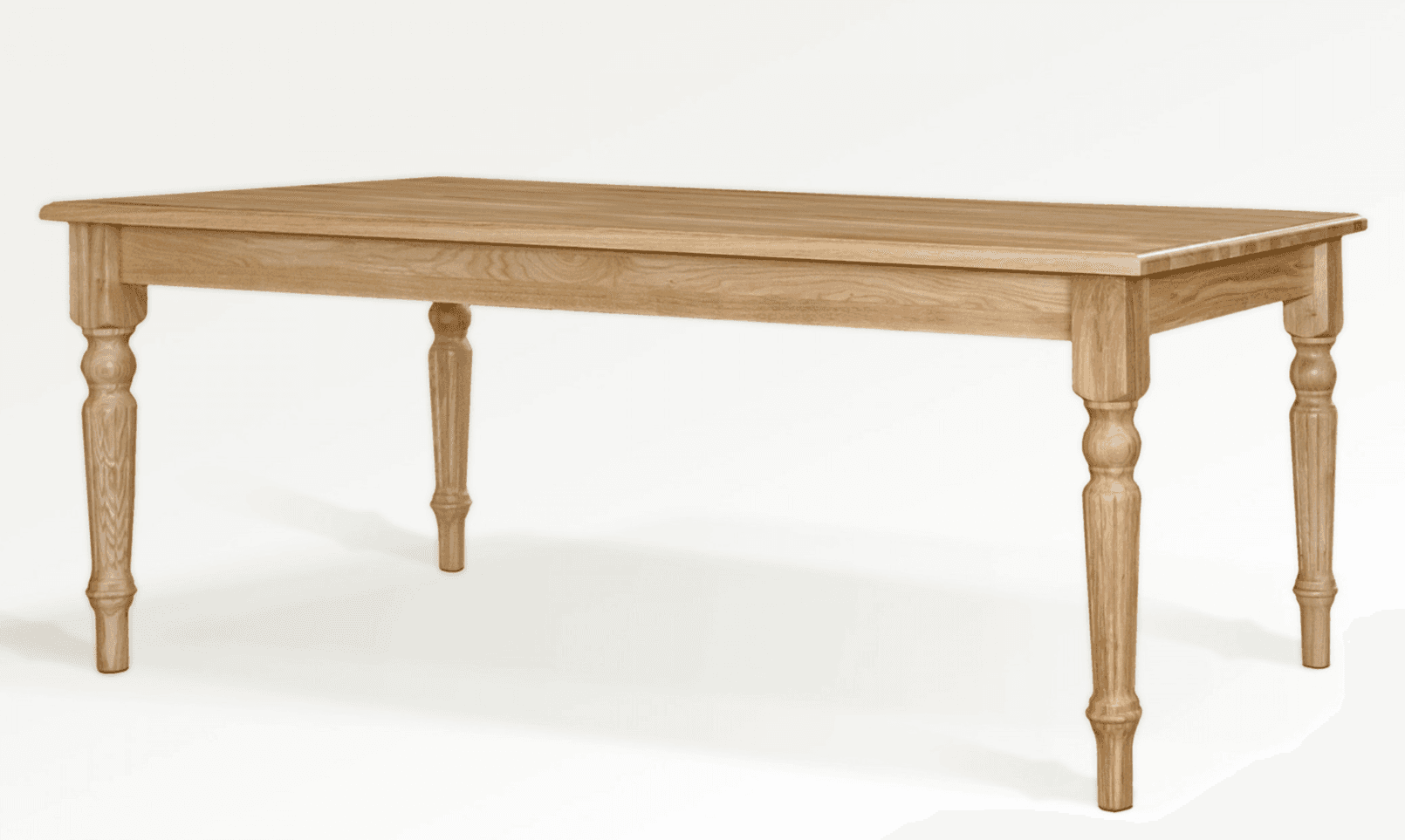 A rectangular wooden dining table with four turned legs. The tabletop is smooth and appears to be made of joined wooden planks. The legs feature a decorative turned design with bulbous sections and tapers. The overall style suggests a traditional or farmhouse aesthetic. — 3D model