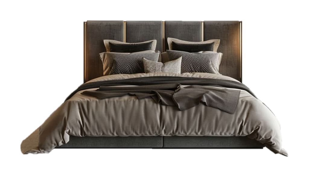 A modern platform bed featuring a tall, paneled upholstered headboard with integrated vertical strip lighting and gold-toned metal accents. The low-profile bed base is also upholstered in a matching dark gray fabric, creating a cohesive and contemporary design. — 3D model