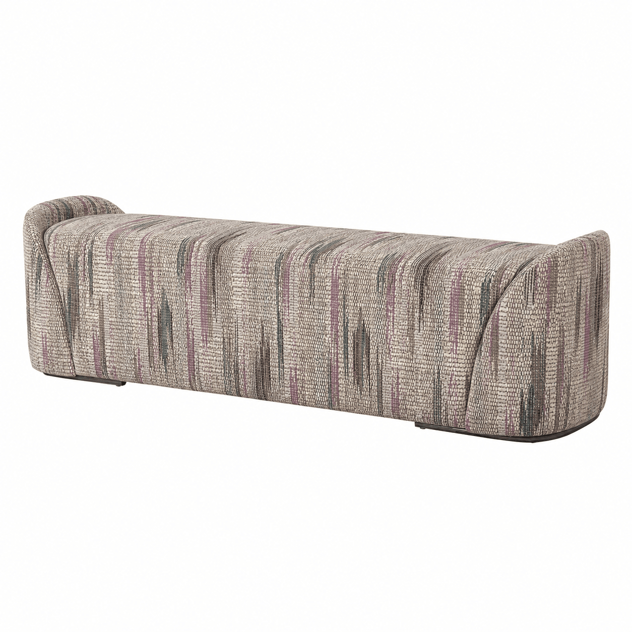 A contemporary upholstered bench featuring a long rectangular form with subtly curved ends, completely covered in a patterned fabric with an abstract striped design in various muted colors. — 3D model