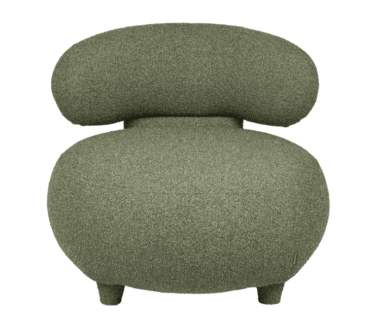 A contemporary armchair with an organic, pod-like silhouette. It features a rounded, voluminous base that tapers towards the bottom and supports a distinct, bulbous backrest. The armchair is upholstered in a textured fabric with short fibers, giving it a soft, inviting appearance. It is supported by four short, tapered legs that are integrated into the base. — 3D model