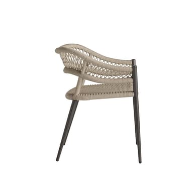A modern armchair featuring a woven rope seat and backrest, supported by a dark, slender metal frame and tapered legs. — 3D model