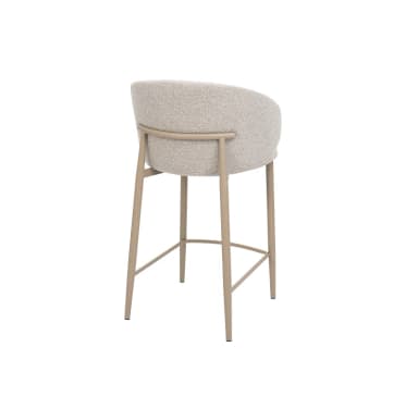 A modern bar stool with a rounded, upholstered seat and backrest. The frame consists of four slender, tapered legs connected by a subtle crossbar near the base and a curved element supporting the backrest. The upholstery features a textured, woven fabric. — 3D model