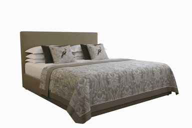 A side profile view of a bed with a fabric-covered headboard and frame. The bed is made with white sheets, layered pillows (some decorative with dark green and patterned covers), and a decorative throw blanket with a damask pattern in neutral tones. The frame and headboard appear to be upholstered with a ribbed fabric. — 3D model
