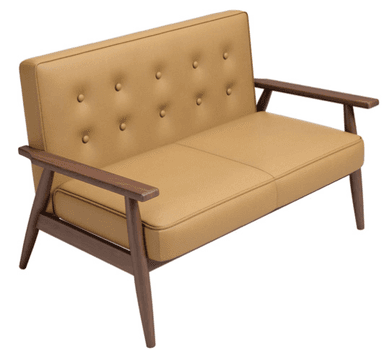 A mid-century modern style loveseat featuring a visible dark wood frame and tan, button-tufted upholstery. It has two distinct seat cushions and sloped, tapered wooden legs, with integrated wooden armrests. — 3D model