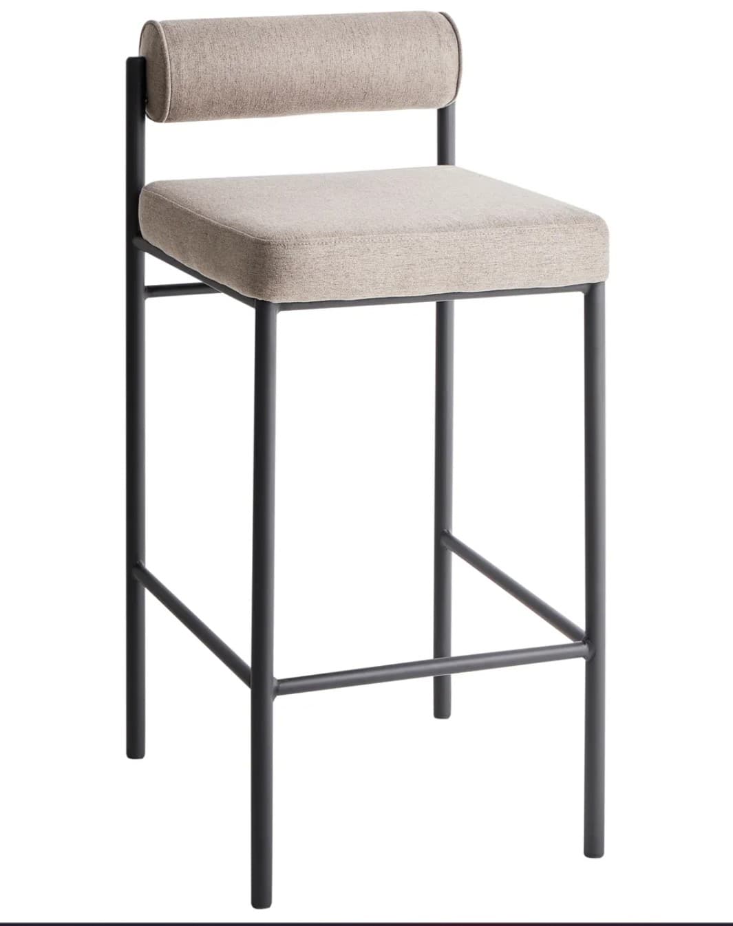 A contemporary bar stool with a slim, dark metal frame supporting upholstered seat and backrest cushions. The seat is square, and the backrest is a horizontal, cylindrical cushion. The frame features four legs connected by a lower crossbar for stability. The upholstery appears to be a textured, light-colored fabric. — 3D model