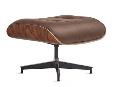 A classic Mid-Century Modern ottoman featuring a molded plywood shell, rich brown leather upholstery with a tufted button, and a four-star black aluminum swivel base. — 3D model