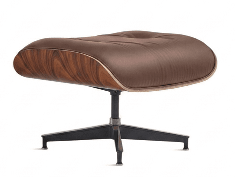 A classic Mid-Century Modern ottoman featuring a molded plywood shell, rich brown leather upholstery with a tufted button, and a four-star black aluminum swivel base. — 3D model