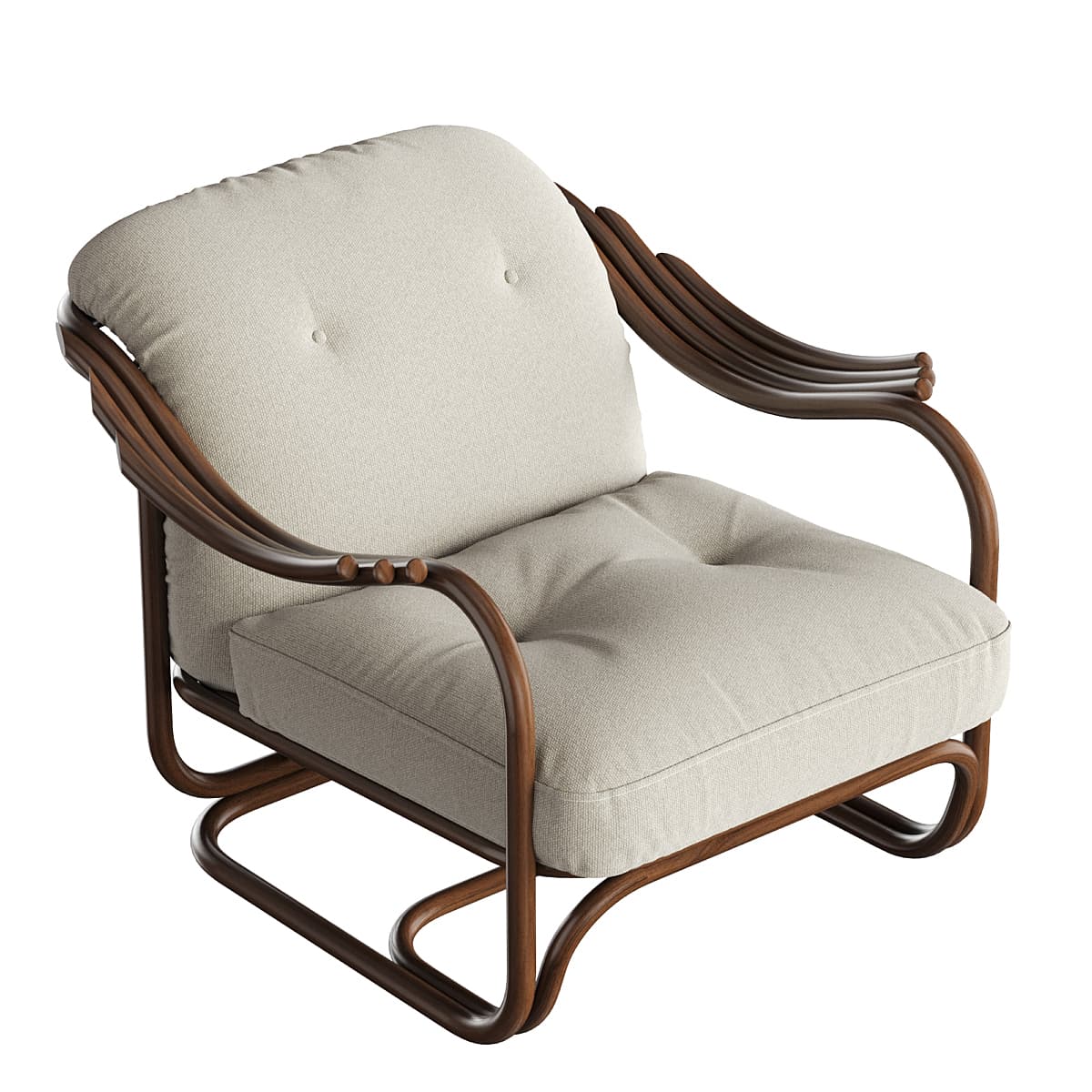 A tufted armchair with a bentwood frame and upholstered cushions. The frame has a curved, organic design, with the armrests featuring multiple layers of bent wood. The seat and back cushions are covered in a light-colored, textured fabric and appear to be button-tufted. — 3D model