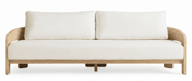 A contemporary two-seater loveseat featuring a visible light-toned oak wood frame and cream-colored fabric upholstery. It has a solid wooden base with integrated legs, gracefully curved armrests, and loose, plush seat and back cushions. — 3D model