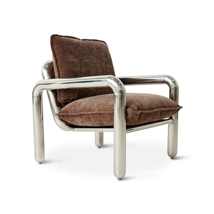 A modern armchair featuring a polished chrome tubular frame with integrated armrests and legs. The seat and back are upholstered with thick, plush cushions covered in a textured brown fabric. The design is minimalist and structural. — 3D model