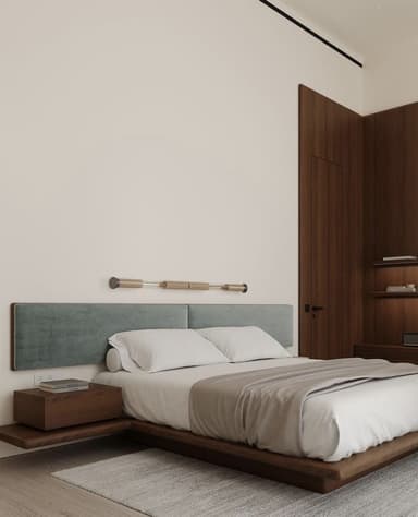 A modern platform bed featuring a dark wood frame, an upholstered headboard, and integrated floating nightstands, complete with built-in linear lighting. — 3D model