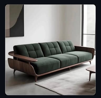 A three-seater sofa with a prominent, curved dark-toned wooden frame that forms the armrests and extends along the back and base. The sofa is upholstered in dark green velvet, featuring three separate seat cushions and a button-tufted backrest divided into three sections. The design has a distinctive mid-century modern aesthetic with tapered wooden legs. — 3D model