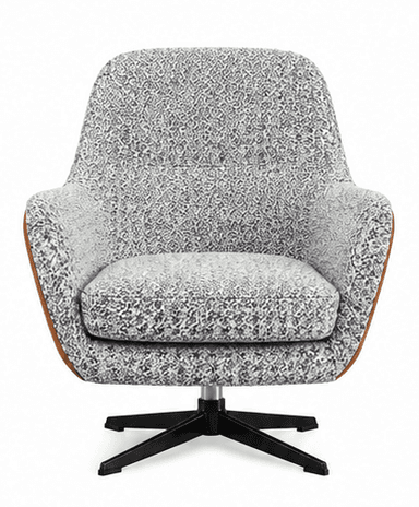 A modern lounge chair featuring a broad, rounded back and seat, upholstered in a distinctive black, white, and gray speckled or abstract patterned fabric. The exterior of the chair's shell is a contrasting warm brown, possibly leather or faux leather, which frames the upholstered sections. It sits on a black multi-leg star-shaped swivel base with a silver central shaft, providing stability and rotational movement. — 3D model
