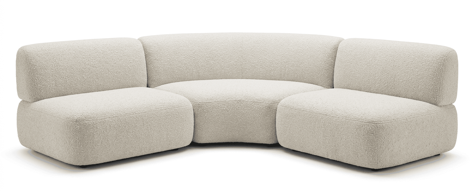 A modular, curved sofa with a bouclé fabric upholstery. It features rounded edges and a low profile, with distinct upholstered sections forming the seat and backrest. The sofa is composed of at least three modules, creating a semi-circular arrangement. — 3D model