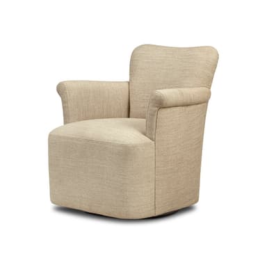 A contemporary upholstered armchair, viewed from the back, featuring a rounded, barrel-like silhouette. The chair is covered in a light beige or natural-toned textured woven fabric. It has low, integrated arms that flow seamlessly into the backrest, which has a gentle curve at the top. The chair rests on a discreet, dark-colored circular base, suggestive of a swivel mechanism. — 3D model