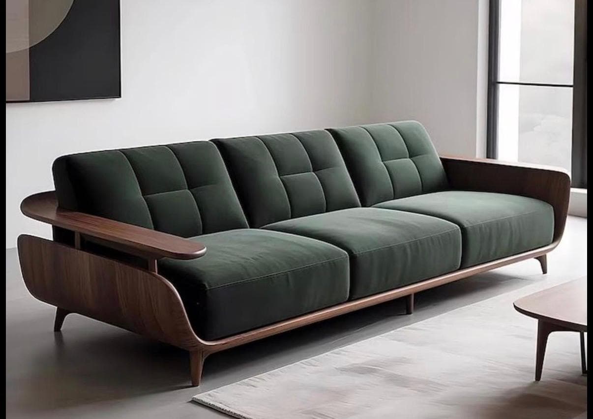 A modern three-seater sofa featuring a distinctive curved walnut wood frame that forms the arms and wraps around the back. It is upholstered in dark green fabric, with button-tufted back cushions. — 3D model