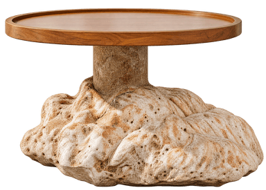 A small, round table featuring a smooth wooden tray-style top supported by a robust, irregularly shaped base that mimics natural coral or stone formations. — 3D model