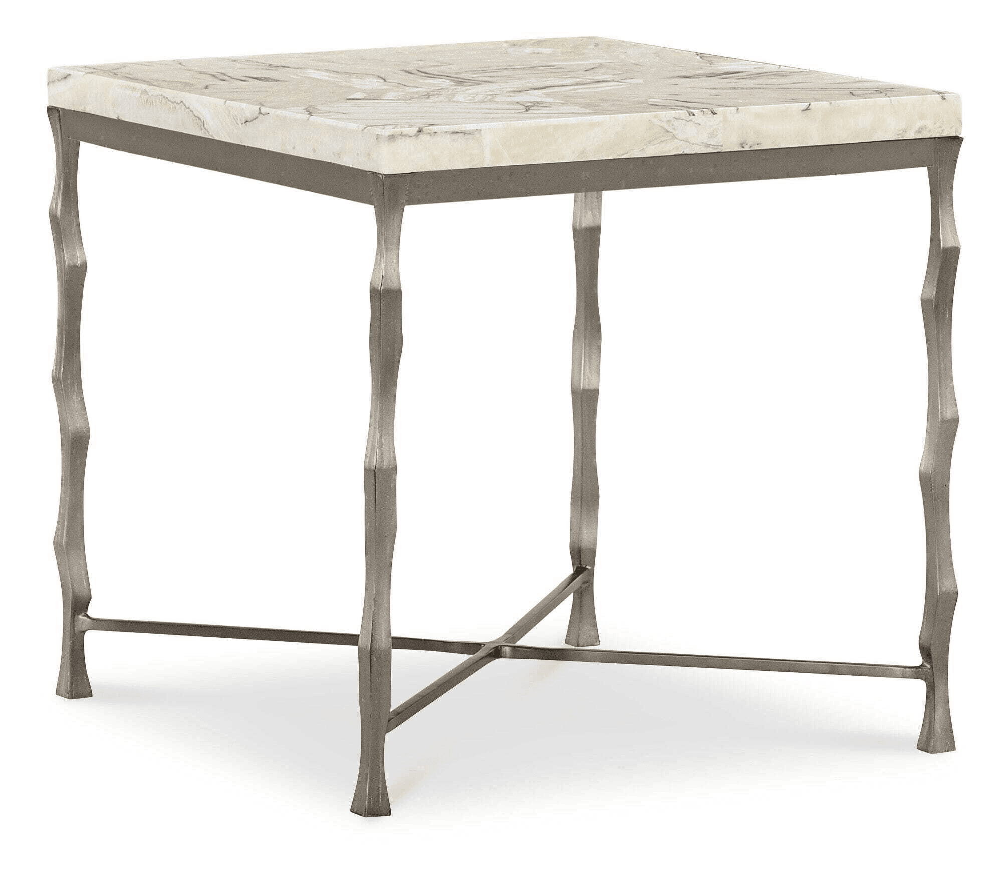 A square-top end table with a marble or stone surface featuring marbled patterns in beige and grey tones. The base is constructed from metal and has four legs with a unique, sculpted, slightly irregular shape resembling bamboo or twisted branches. A cross-braced support connects the lower portions of the legs, adding stability. — 3D model