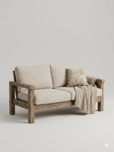 A two-seater sofa featuring a robust, exposed wooden frame with a rustic finish and light beige upholstered cushions, accompanied by a knitted throw and a decorative pillow. — 3D model