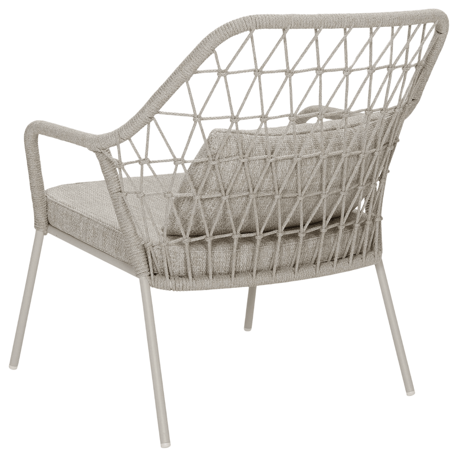 A contemporary outdoor lounge chair featuring a light beige woven synthetic rope back and armrests, paired with matching upholstered seat and back cushions, all supported by four splayed, powder-coated metal legs. — 3D model