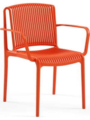 A bright orange armchair featuring a distinctive slatted design for both the seat and backrest. It is made from a single molded piece of plastic, with integrated armrests and four slender legs. — 3D model