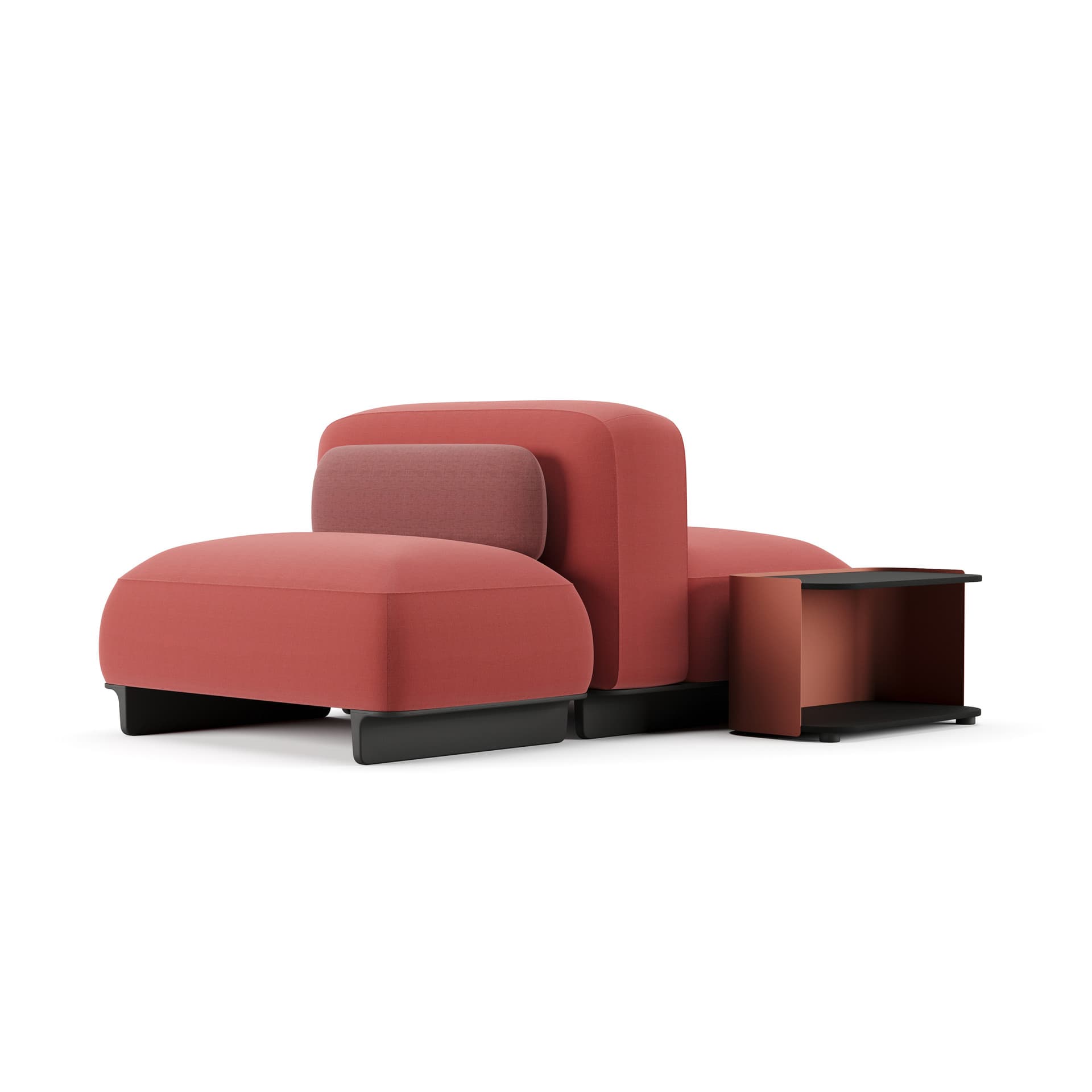 A modular sofa with rounded, upholstered sections in a reddish-orange hue. It features a low profile with a distinct dark base. A smaller, accent pillow in a slightly darker shade of red is placed on the main seat. To the right of the sofa, a small, open-fronted side table or storage unit with a dark top and base, and reddish-orange sides, is attached or positioned adjacent. — 3D model