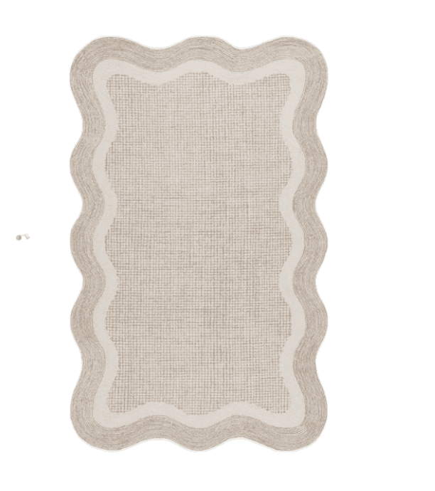 A rectangular rug with a scalloped border. The central area features a woven texture, and it is bordered by two distinct wavy lines, an inner cream-colored line and an outer beige line. — 3D model