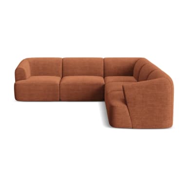 A modern modular L-shape sectional sofa upholstered in a ribbed, terracotta-colored fabric. The sofa consists of multiple connectable units, including corner pieces and armless sections, allowing for flexible configurations. It features soft, rounded edges and integrated armrests on the end pieces, presenting a contemporary and inviting aesthetic. Two matching throw pillows are visible, enhancing comfort. — 3D model