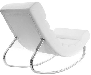 A modern white rocking chaise lounge featuring segmented, horizontally tufted upholstery and a sleek, curvilinear polished chrome frame that also functions as the rocking mechanism. — 3D model