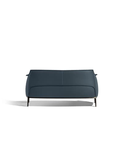 A modern two-seater loveseat featuring dark blue, possibly petrol or teal-colored, leather upholstery. The backrest exhibits a distinctive pleated or ruched design, adding texture and visual interest. The seat cushions appear smooth and clean-lined. The frame is supported by slender, dark-finished metal legs that extend from the base, giving the piece a light and elevated appearance. The arms are gently curved and integrated into the overall sleek silhouette. The design is contemporary with an emphasis on minimalist form and luxurious material. — 3D model