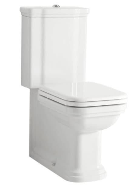 A white ceramic toilet with a modern, square-edged design. It features a cistern mounted on top of the bowl, a square toilet seat and lid, and a pedestal base. The cistern has a rectangular profile with a slightly inset lid and a flush mechanism on top. The bowl has a contemporary, angular shape. — 3D model