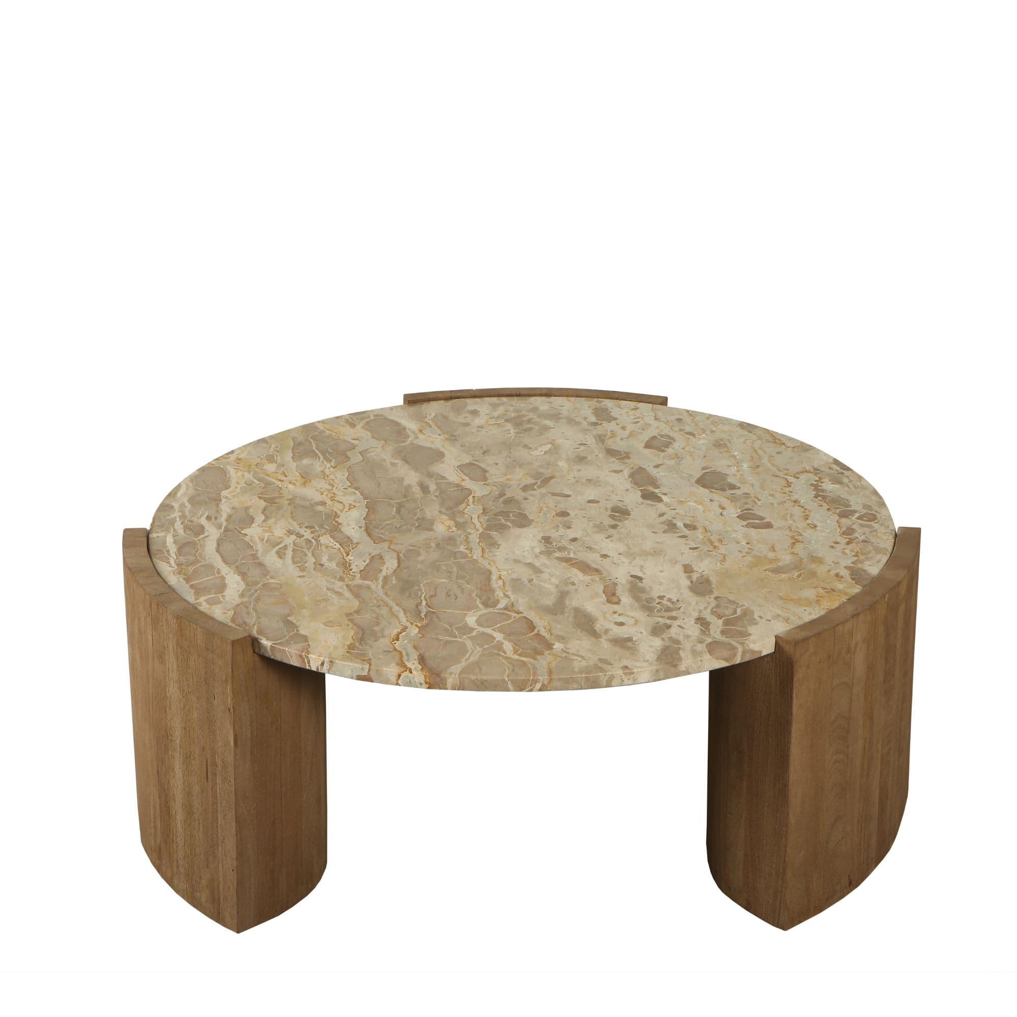 A coffee table with an oval-shaped marble top and wooden curved legs. The marble exhibits a pattern of beige and cream swirls. The wooden legs have a visible grain texture. — 3D model