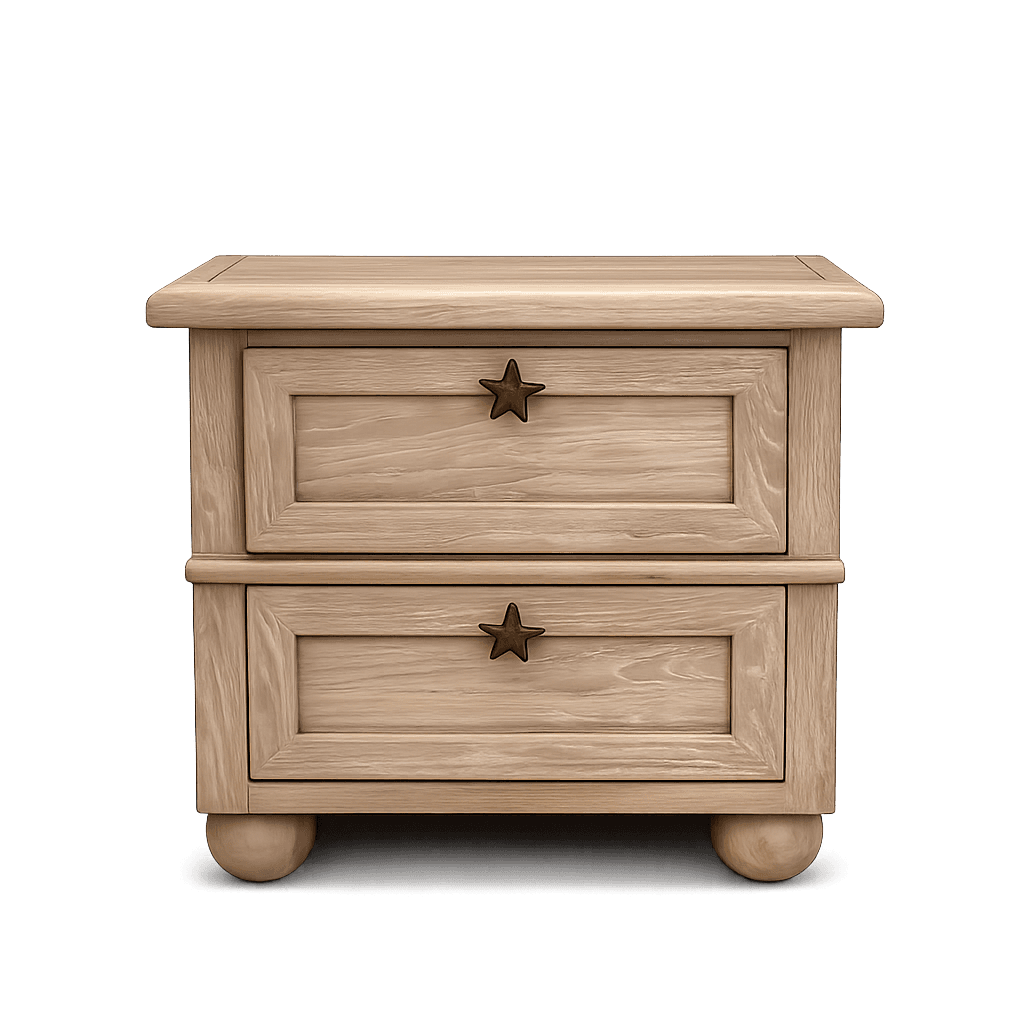 A two-drawer wooden nightstand crafted from light-toned oak wood, featuring prominent grain patterns. It has a rectangular top with a subtly rounded edge. The two stacked drawers have recessed panel fronts, each fitted with a star-shaped metal pull in an antique brass or bronze finish. The unit is supported by spherical, ball-shaped wooden feet. — 3D model