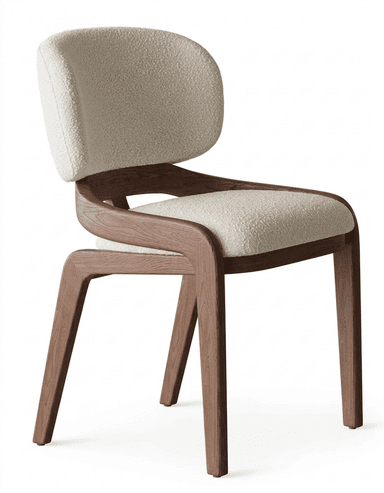 A modern armchair featuring a rounded, upholstered backrest and seat in a cream-colored textured fabric, supported by a dark wood frame. The frame has a minimalist design with curved arms and straight legs, showcasing the contrast between the soft textile and the solid wood. — 3D model