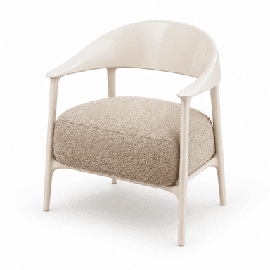 A contemporary armchair featuring a smoothly rounded, light-colored frame that integrates the backrest and armrests. The seat consists of a thick, upholstered cushion covered in a textured beige fabric. — 3D model