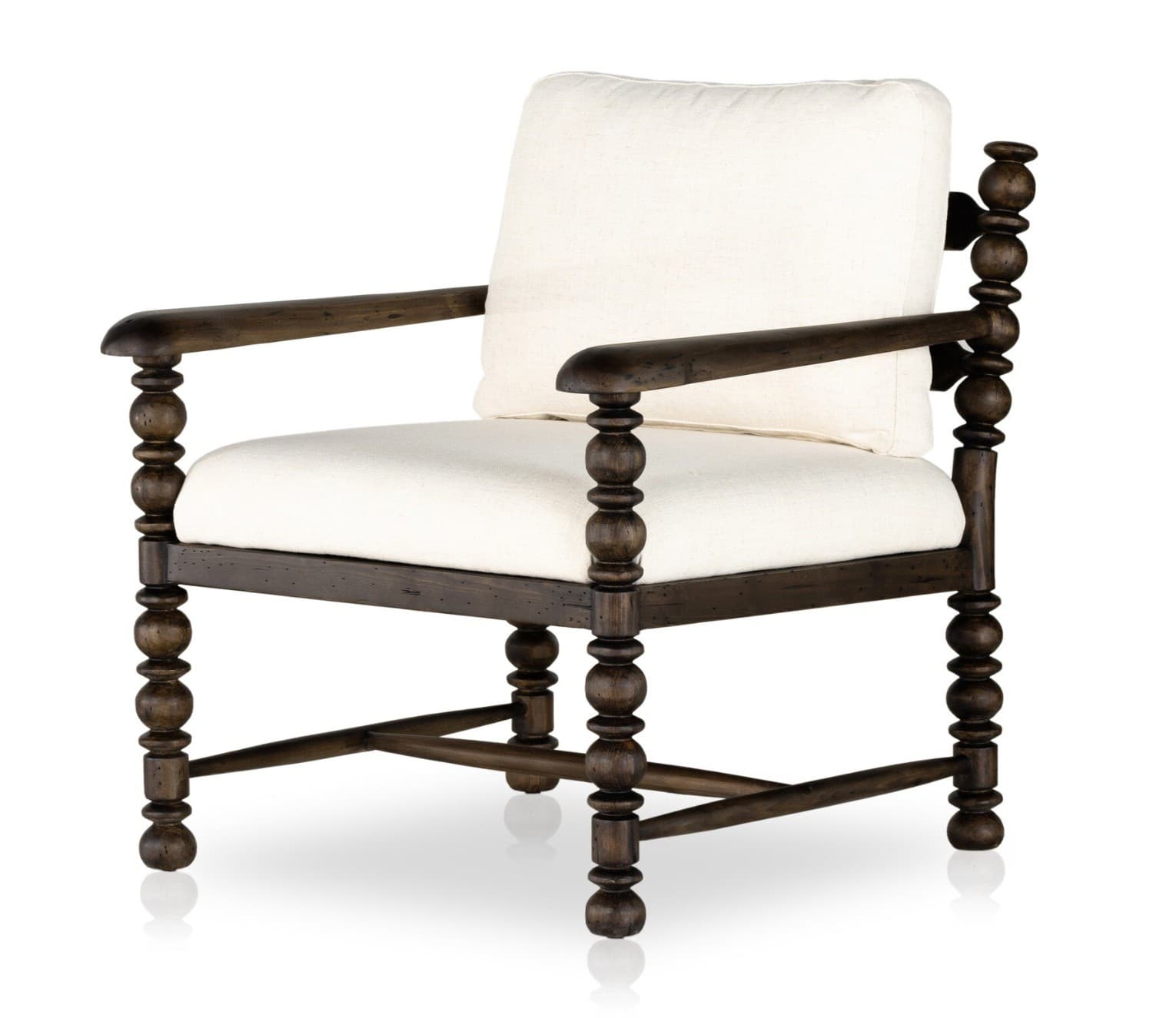 A wooden armchair with upholstered seat and back. The armchair features turned legs and armrests with a decorative, bulbous design. The frame is constructed of dark stained wood, and the cushions are upholstered in a light-colored, textured fabric. — 3D model