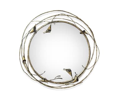 A circular wall mirror featuring an intricate, organic frame crafted from gilt metal, resembling tangled branches and stylized calla lily-like blooms. The finish has an aged, antique brass or bronze appearance. — 3D model